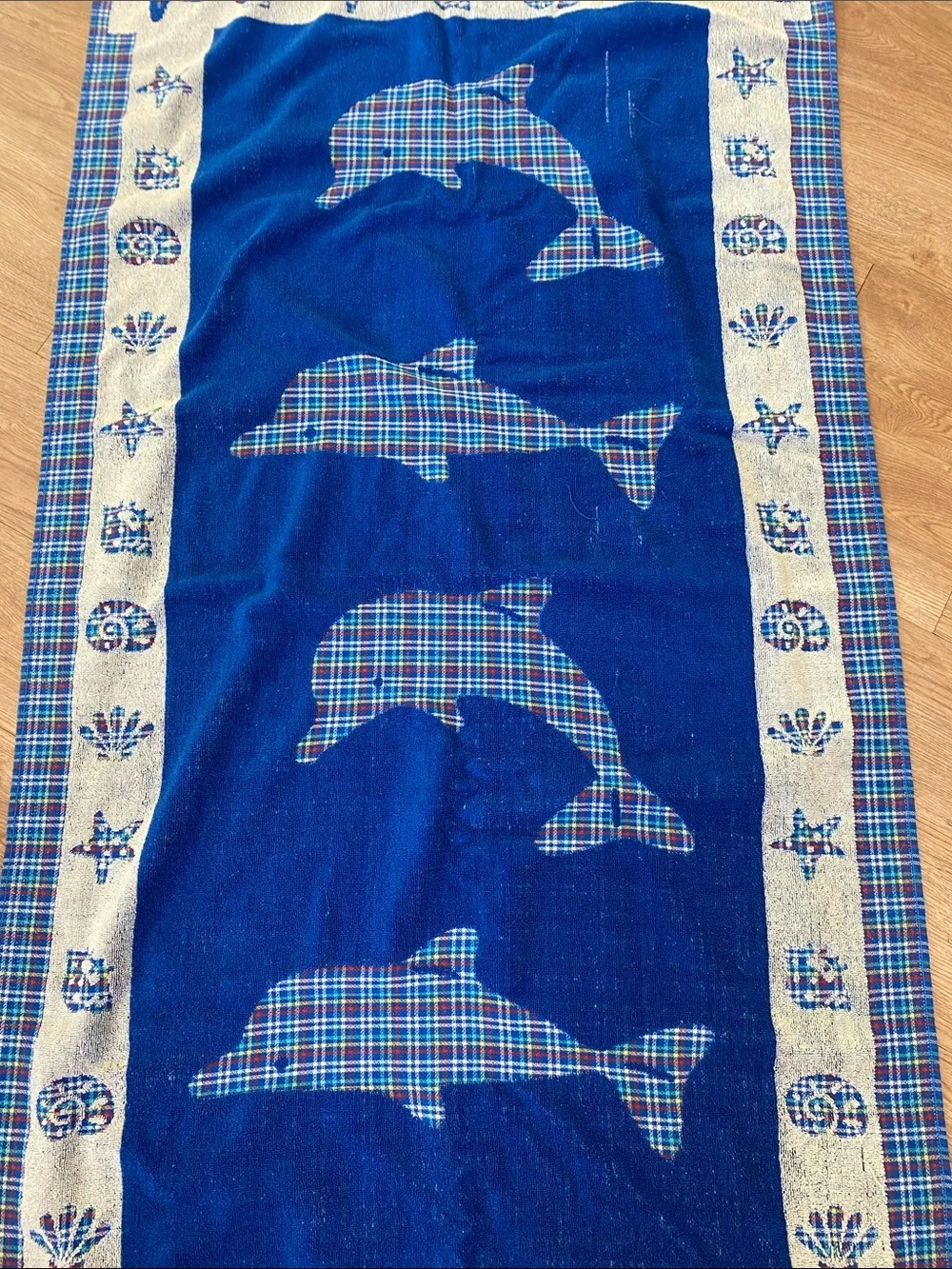 Vtg Beach Towel Dolphin Blue Plaid  Seashells Accent Nautical Cotton Beach Towel